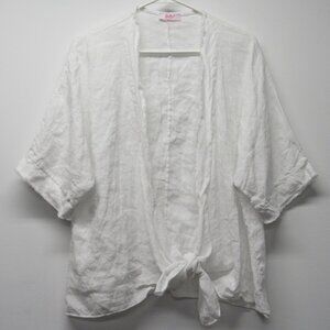Yolly Made in Italy 100% Linen White Tie Front 3/4 Sleeve Topper Shirt Jacket OS